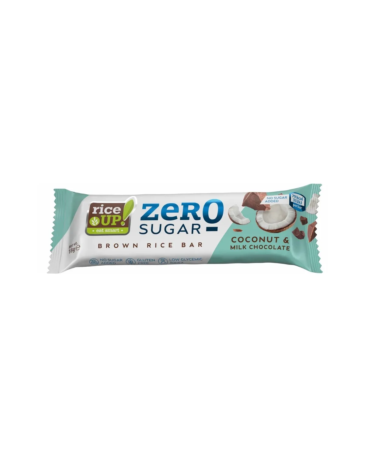 RICE UP ZERO SUGAR COCONUT & MILK CHOCOLATE BROWN RICE BAR 18G 