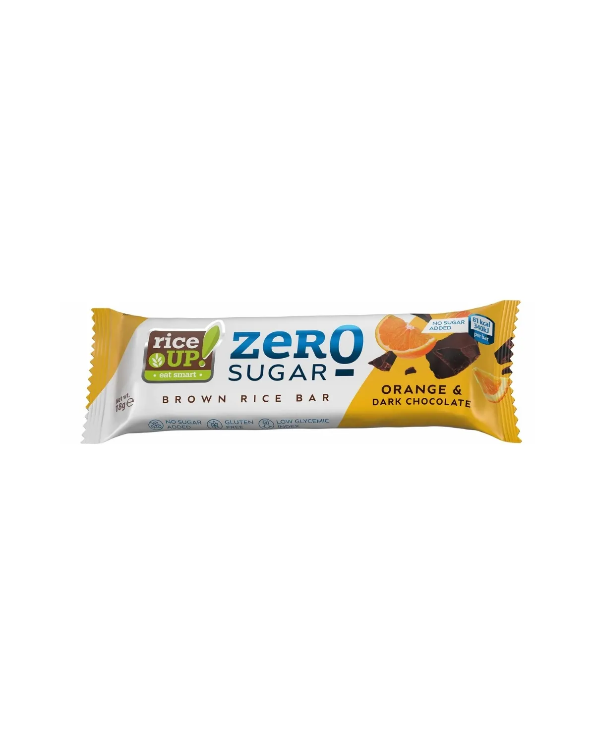 RICE UP ZERO SUGAR ORANGE & DARK CHOCOLATE BROWN RICE BAR 18G 