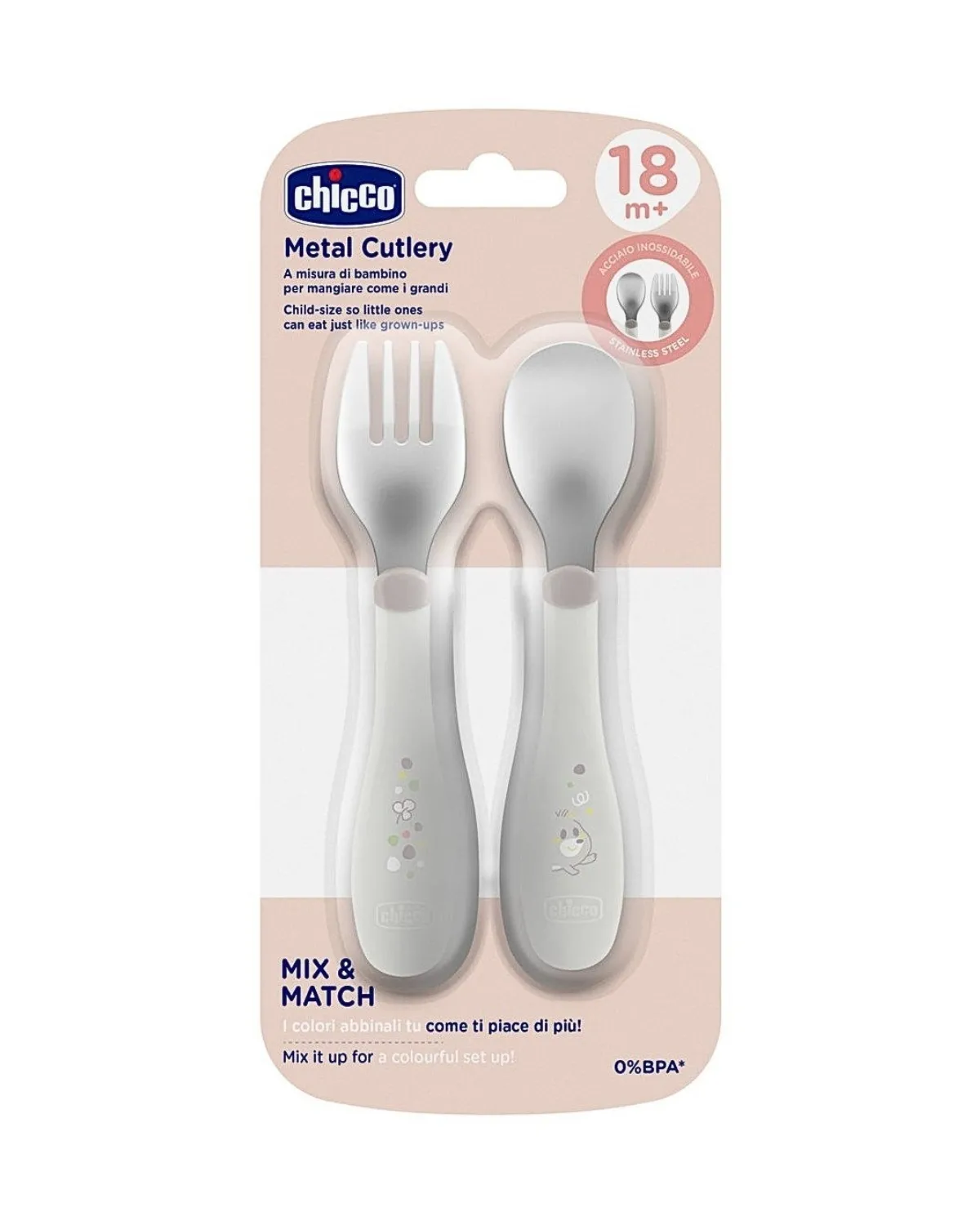 CHICCO SET  - METALNA VILJUŠKA I KAŠIKA GREY 18M+ 