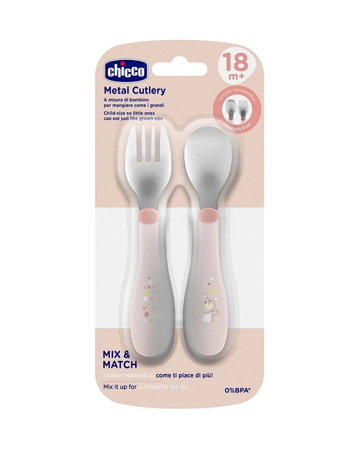 CHICCO SET  - METALNA VILJUŠKA I KAŠIKA PINK 18M+ 