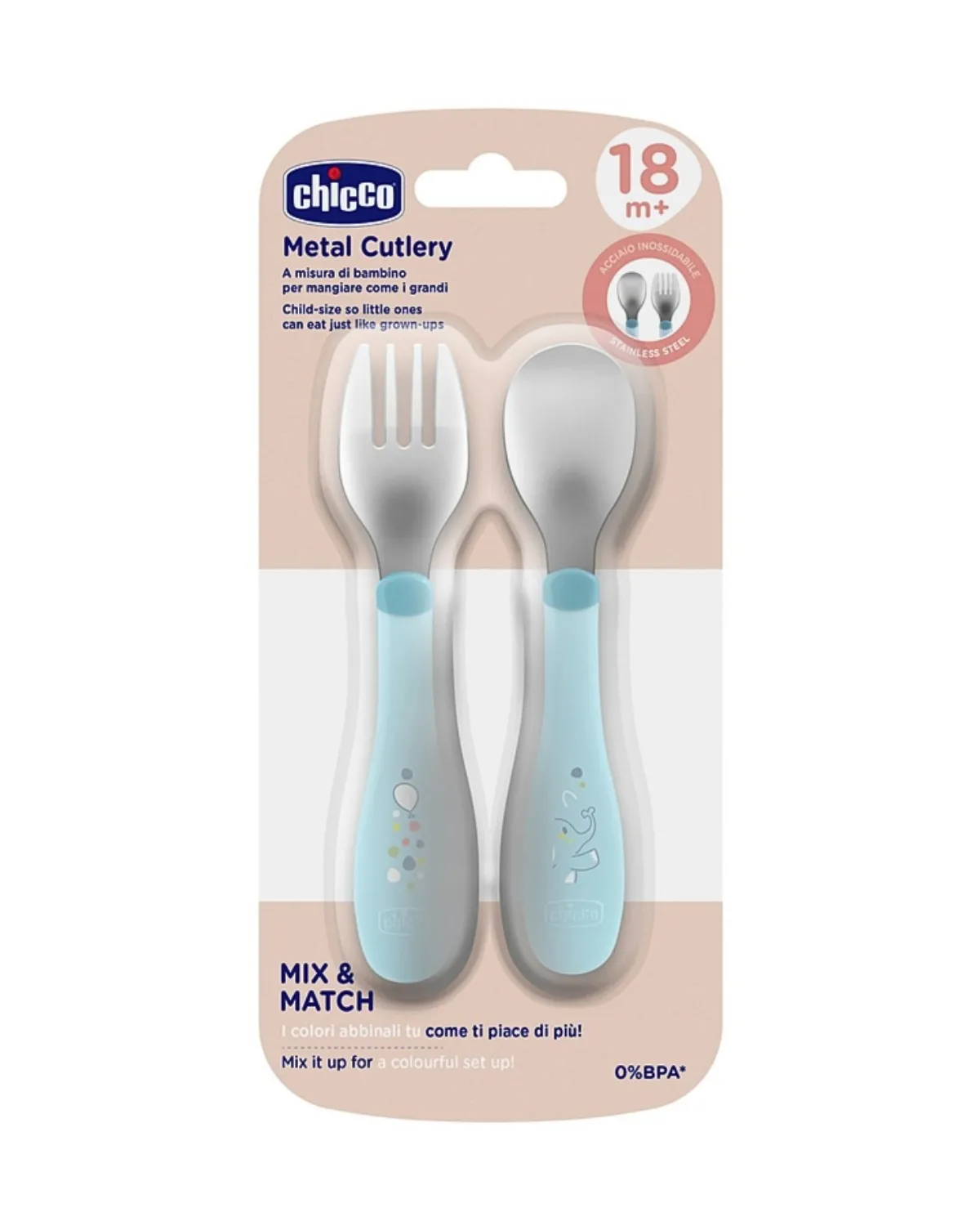 CHICCO SET  - METALNA VILJUŠKA I KAŠIKA BLUE 18M+ 
