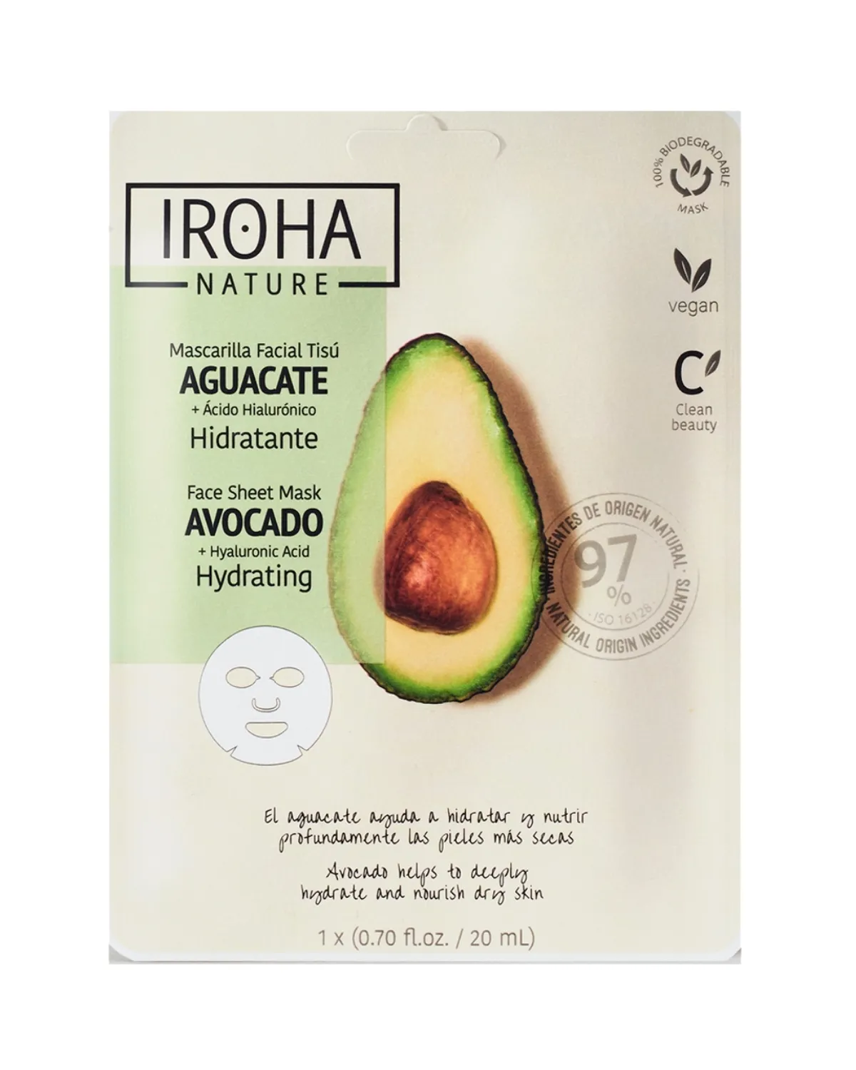 IROHA TISSUE MASKA ZA LICE 97% NATURAL AVOCADO HYDRATING 