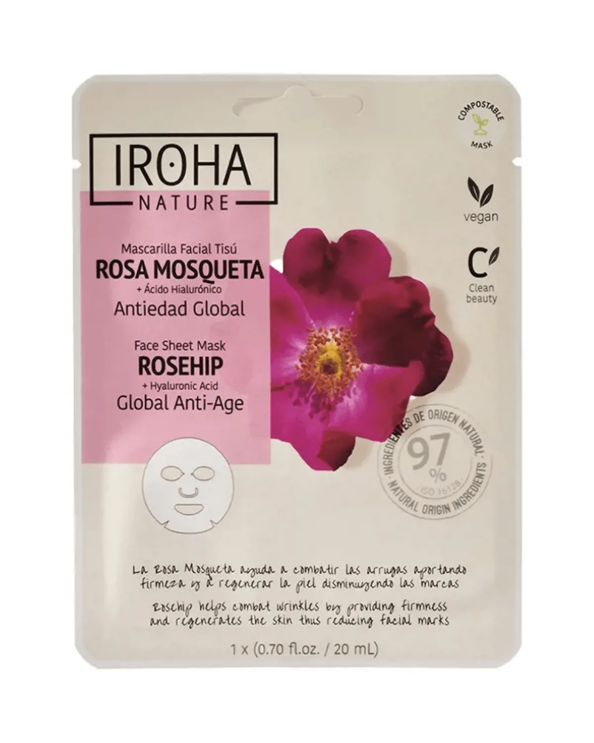 IROHA TISSUE MASKA ZA LICE 97% NATURAL ROSEHIP GLOBAL ANTI AGE 