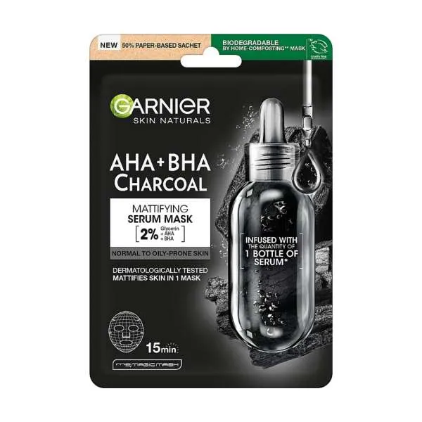 GARNIER PURE CHARCOAL & BLACK TEA PORE REFINING TISSUE FACE MASK FOR OILY SKIN 