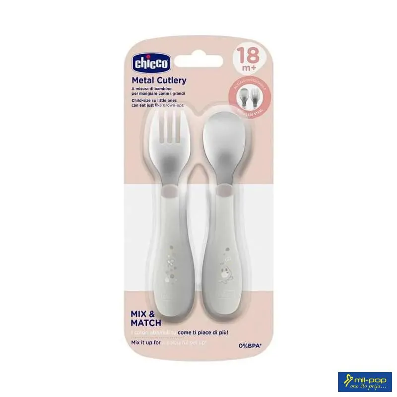 CHICCO SET  - METALNA VILJUŠKA I KAŠIKA GREY 18M+ 