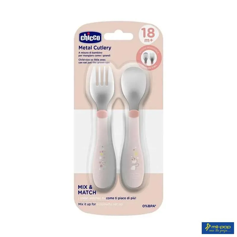 CHICCO SET  - METALNA VILJUŠKA I KAŠIKA PINK 18M+ 