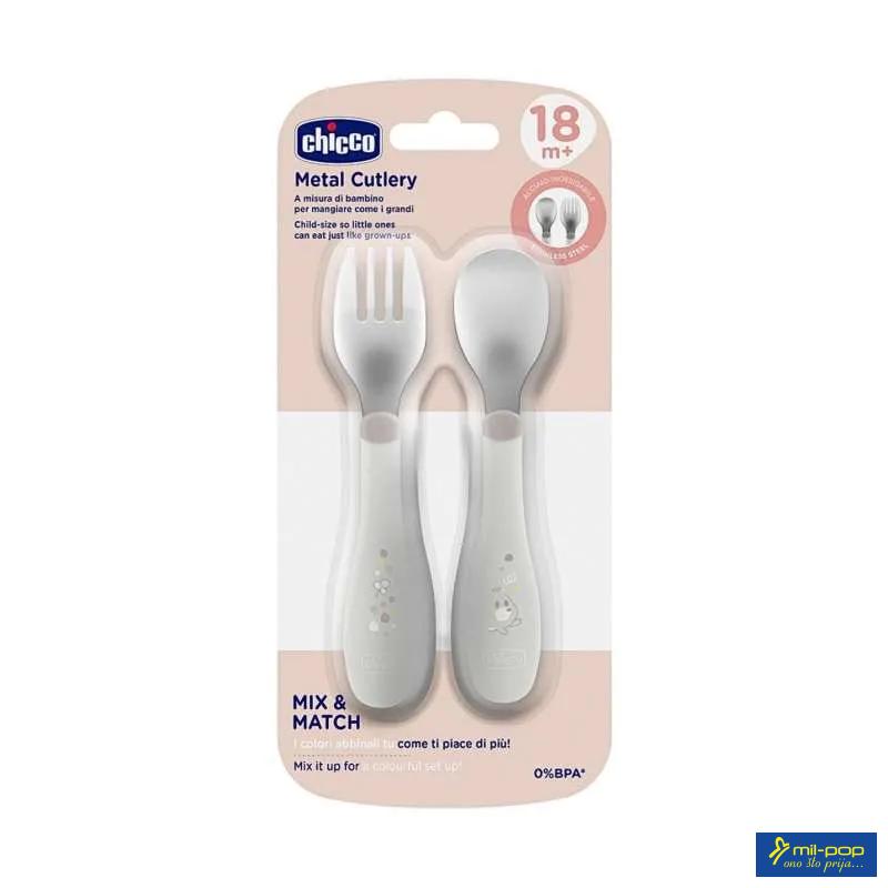 CHICCO SET  - METALNA VILJUŠKA I KAŠIKA GREY 18M+ 